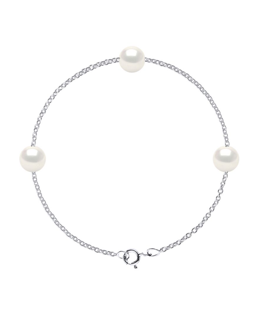 Bracelet in chain mesh 925 Sterling Silver Rhodium-plated and 3 true Cultured Freshwater Pearls 8-9 mm , 0,31 in - Natural White Color Length 18 cm , 7 in - Our jewellery is made in France and will be delivered in a gift box accompanied by a Certificate of Authenticity and International Warranty