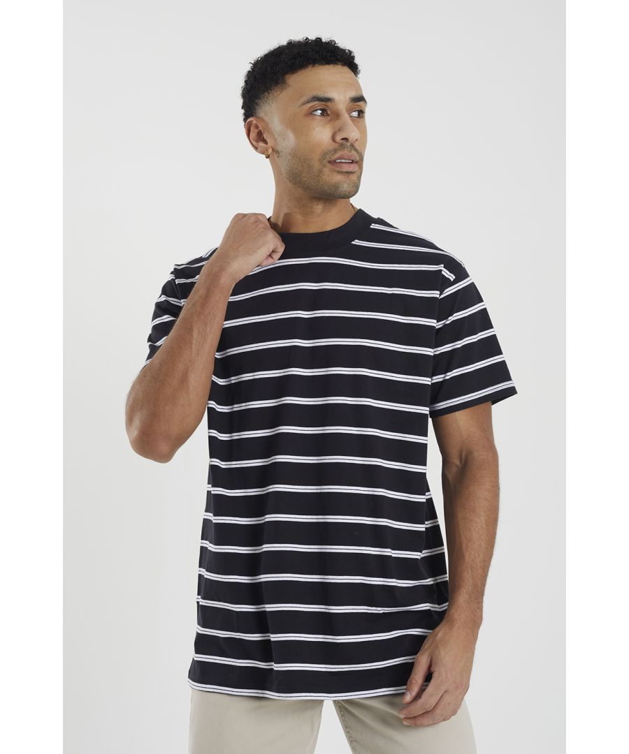 Brave Soul Mens Black 'Gannon' Cotton Oversized Stripe T-Shirt - Size Large