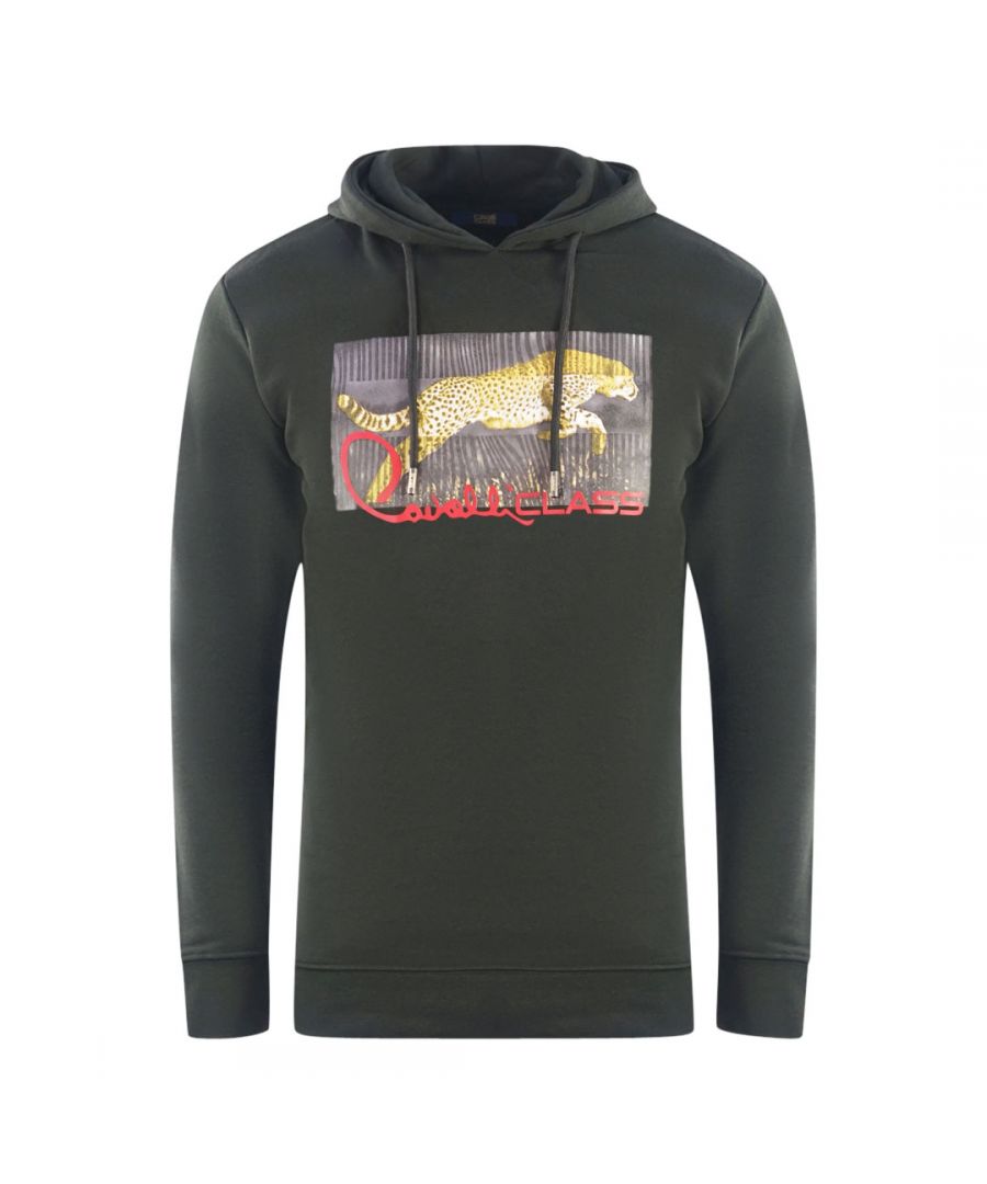 Cavalli Class Mens Sprinting Leopard Logo Black Hoodie - Size 3XL