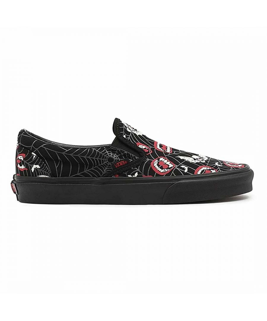 First introduced in 1977, the Vans #98-now known as the Classic Slip-On-instantly became an icon in Southern California. Fast forward to today, and the Classic Slip-On is known worldwide for its comfortable silhouette, easy wearability, and beloved design. \n\nFeaturing spooky glow-in-the-dark prints, the Glow Frights Classic Slip-On is an everyday essential with true “Off The Wall” style. This iconic slip-on shoe also includes low profile canvas uppers, supportive padded collars, elastic side accents, and signature rubber waffle outsoles.