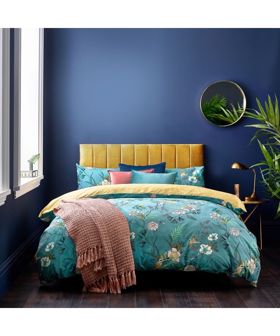 Add a pop of colour to your home with the Kasumi duvet set. This design will make a statement with its bold blooming flowers, swooping birds and dragonflies. The colour continues on the reverse with a ochre swirl design, for the days when you need a quick change.