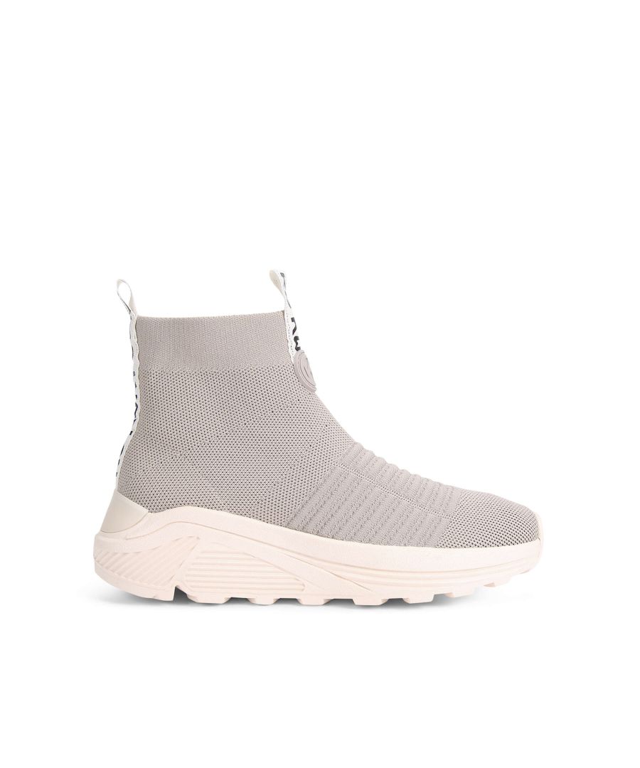 The Loaded Knit Hi Top features a sock style knitted upper. There are two KG Kurt Geiger logo printed on ribbed textile with a print stitch detailing tabs at the ankle and beige rubber monocle with the KG Kurt Geiger logo on the front.