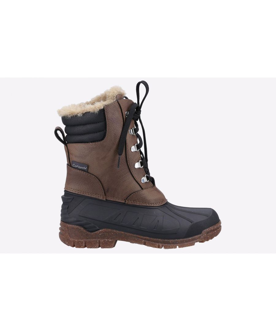 Inspired by the hidden tracks and unpredictable weather of the Cotswolds, these Hatfield hybrid weather boots combine a completely waterproof rubber sole and foot section and warming hi-leg upper for real practical comfort.\n- Hybrid weather boot designed for the elements- Waterproof rubber galosh- Luxury faux sheering microfiber fleece lining- Breathable synthetic mesh panels- High leg opening and warming gussets- Five metal D-ring lace holds and cord lacing