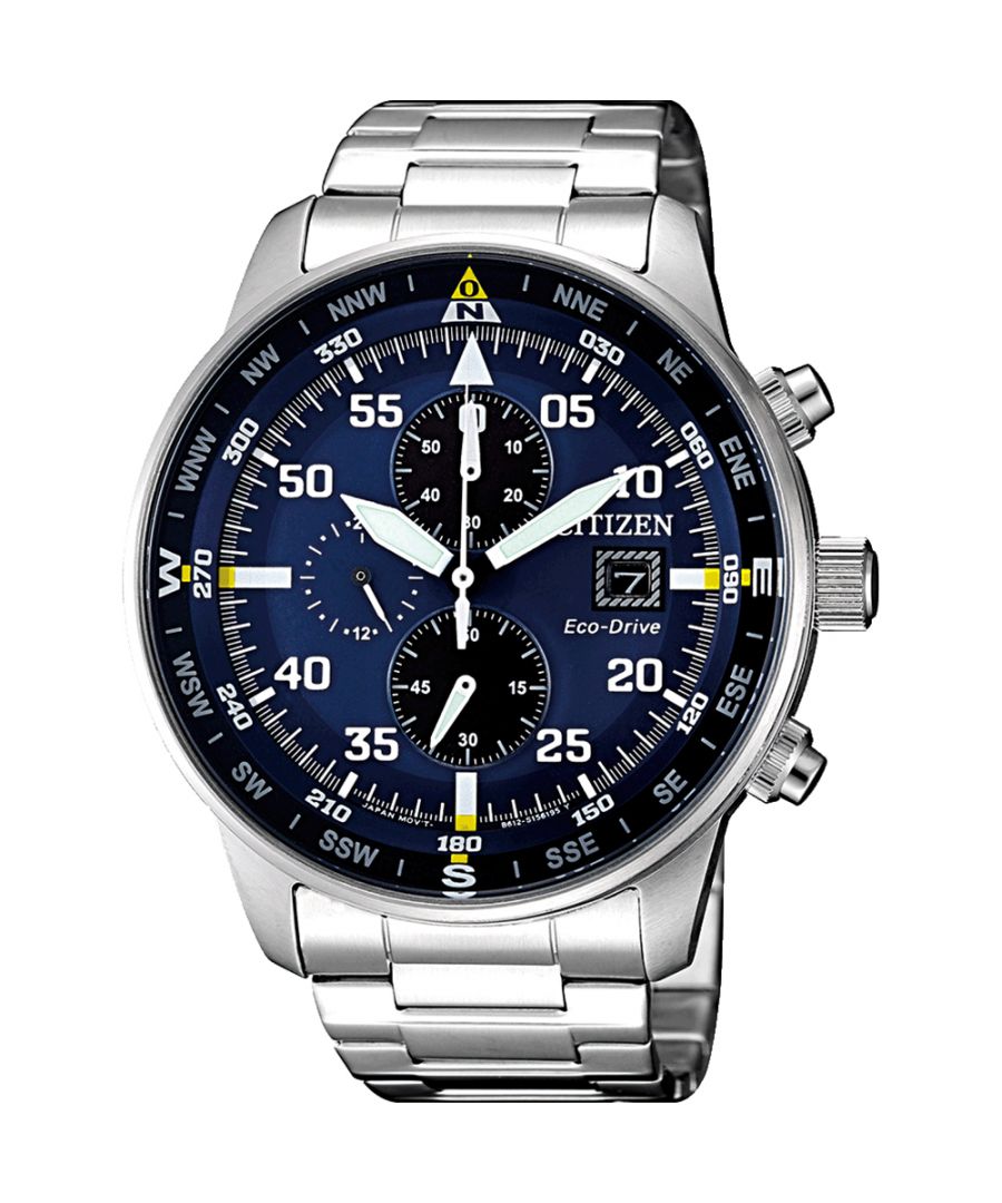 This Citizen  Chronograph Watch for Men is the perfect timepiece to wear or to gift. It's Silver 44 mm Round case combined with the comfortable Silver Stainless steel will ensure you enjoy this stunning timepiece without any compromise. Operated by a high quality Eco-Drive movement and water resistant to 10 bars, your watch will keep ticking. Fashionable Sporty Design, Perfect for all kind of sports, indoor and outdoor activities or daily use,  this watch has an Eco-drive technology (Recharged by any light source; no need for ever a battery) -The watch has a Calendar function: Date, Solar Powered, Stop Watch, Compass, 24-hour Display, Luminous Hands High quality 21 cm length and 21 mm width Silver Stainless steel strap with a Fold over with push button clasp Case diameter: 44 mm,case thickness: 12 mm, case colour: Silver and dial colour: Blue