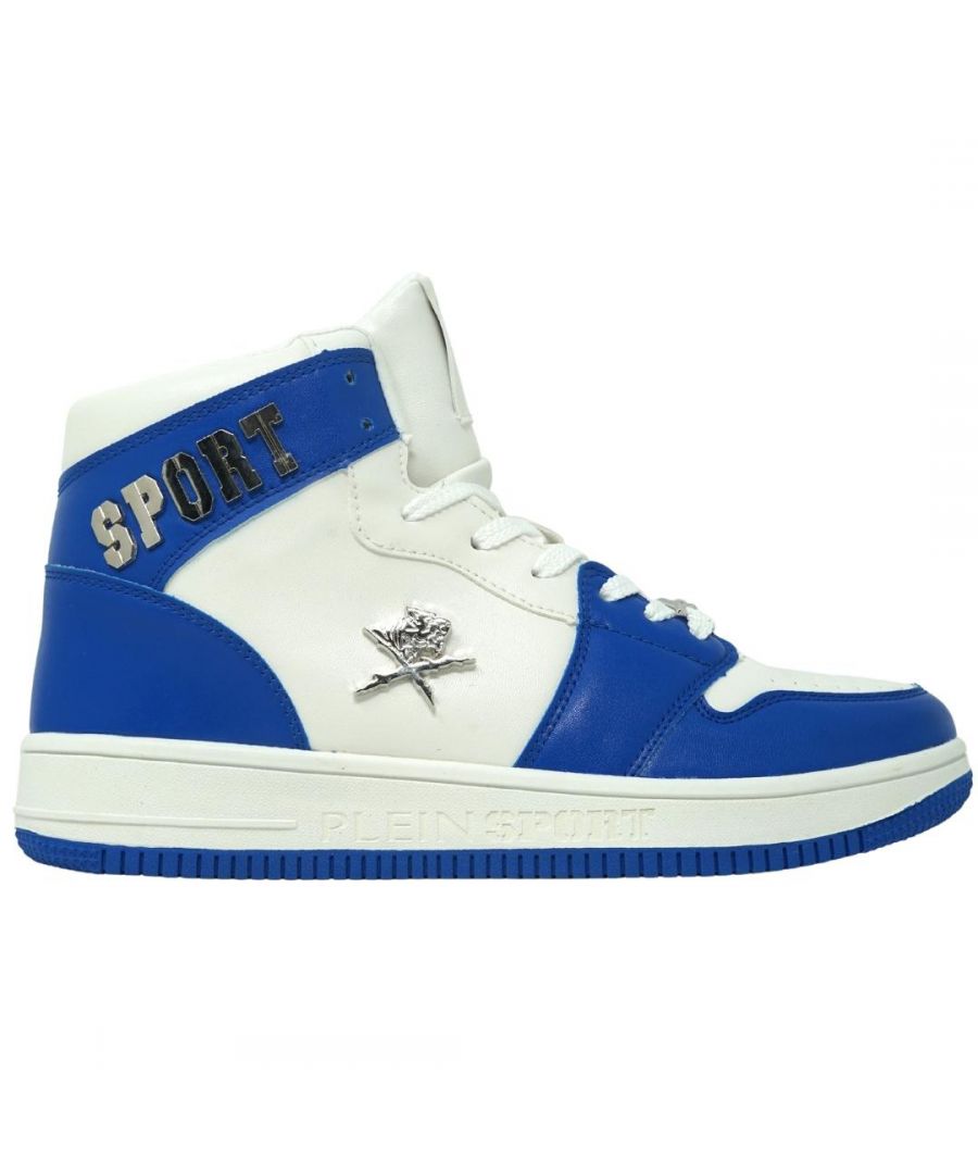 Plein Sport heren blauw-witte hoge sneakers met veters, contrasterende details, zilveren logo
