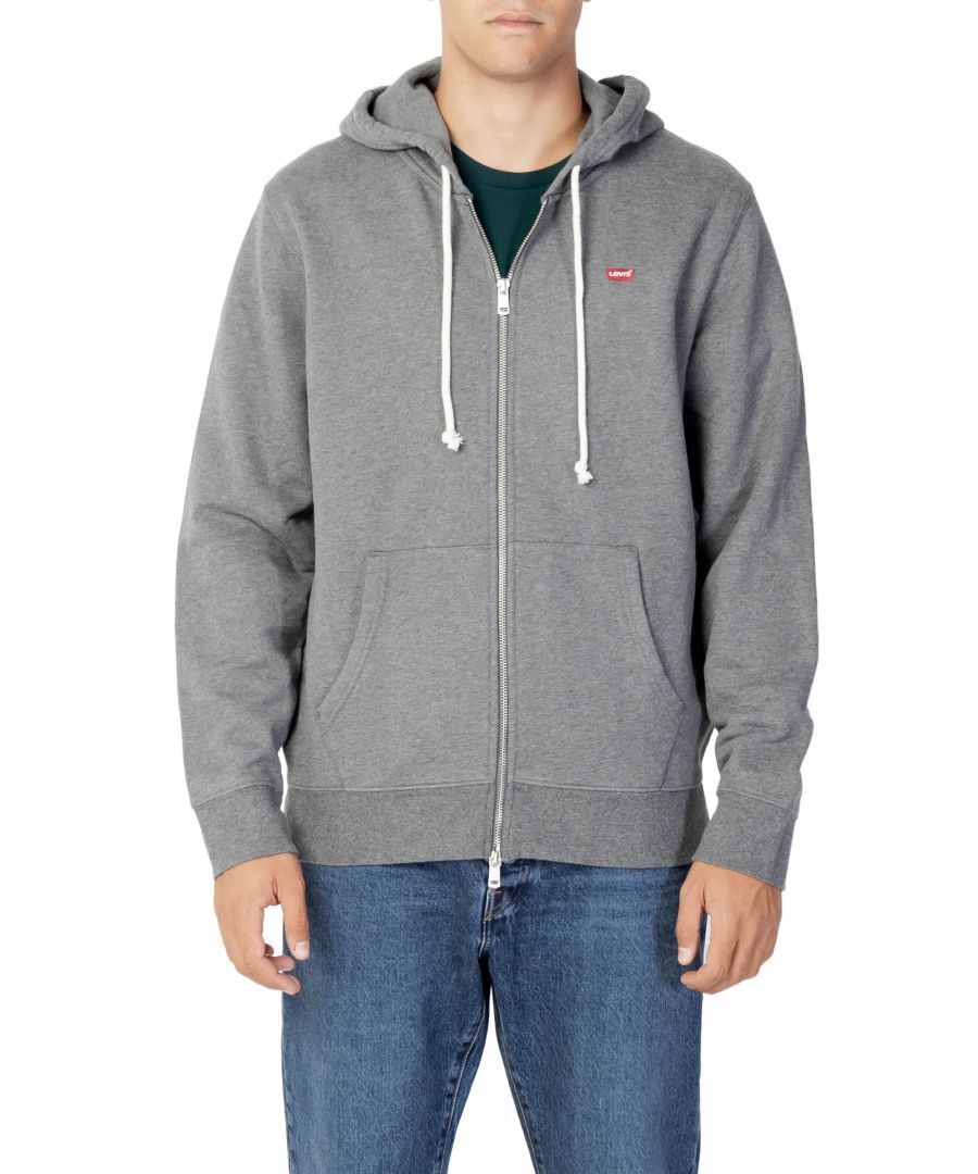 Long-sleeved sweatshirt with hood, 2 central pockets, zip, logo Cotton