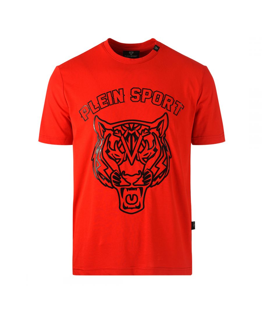 Philipp Plein Sport rood T-shirt met tijgerhoofd-logo. Philipp Plein Sport rood T-shirt. 100% katoen. Plein-merklogo. Badges met Plein-logo Stijlcode: TIPS127 52