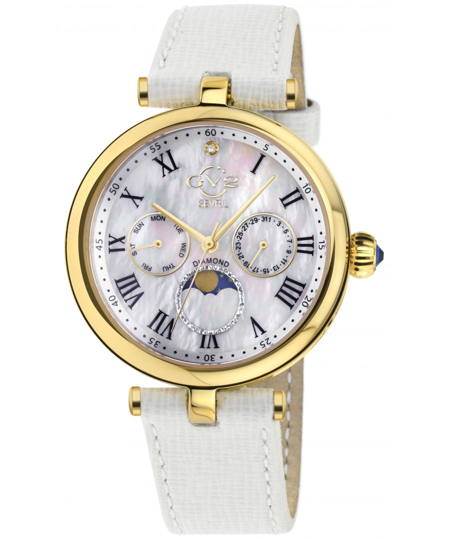 GV2 12513.L Women's Florence Diamond Swiss Quartz Watch\n\nGV2 Women's Swiss Quartz Watch from the Florence Collection\n36mm Round IPYG Case with Roman Numerals, Diamond at Twelve O'clock\nWhite MOP Dial, Day and Date Sub Dials\nPush Pull Fluted crown with Blue cabochon Stone\nGenuine Italian White Leather Strap with Tang Buckle \n\nAnti-reflective Sapphire Crystal\nWater Resistant to 50 Meters/5ATM\nMoon Phase Swiss Quartz Movement Ronda 706.1