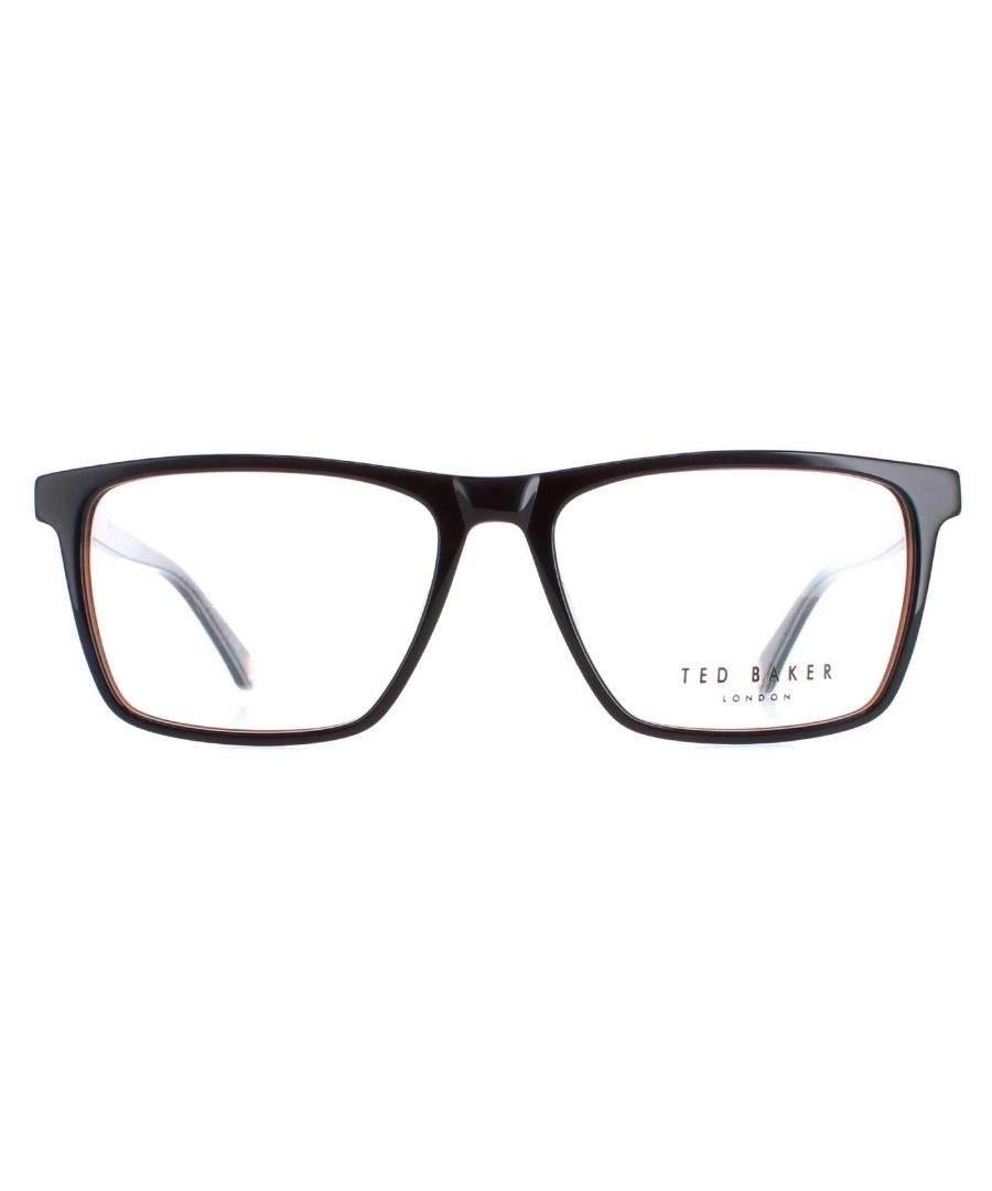 Ted Baker Square Mens Black Cognac TB8217 Boone  Glasses are a modern square style crafted from lightweight acetate. The temples are adorned with the Ted Baker logo, adding a touch of luxury to the design.