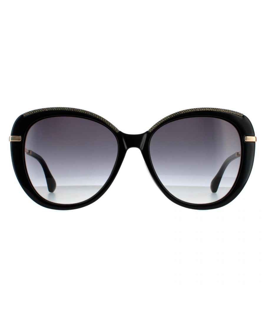 Jimmy Choo Butterfly Womens Black Grey Gradient Sunglasses Jimmy Choo are an oversized butterfly style with a patterned frame top, plastic temple tips and Jimmy Choo etching on the metal temples.