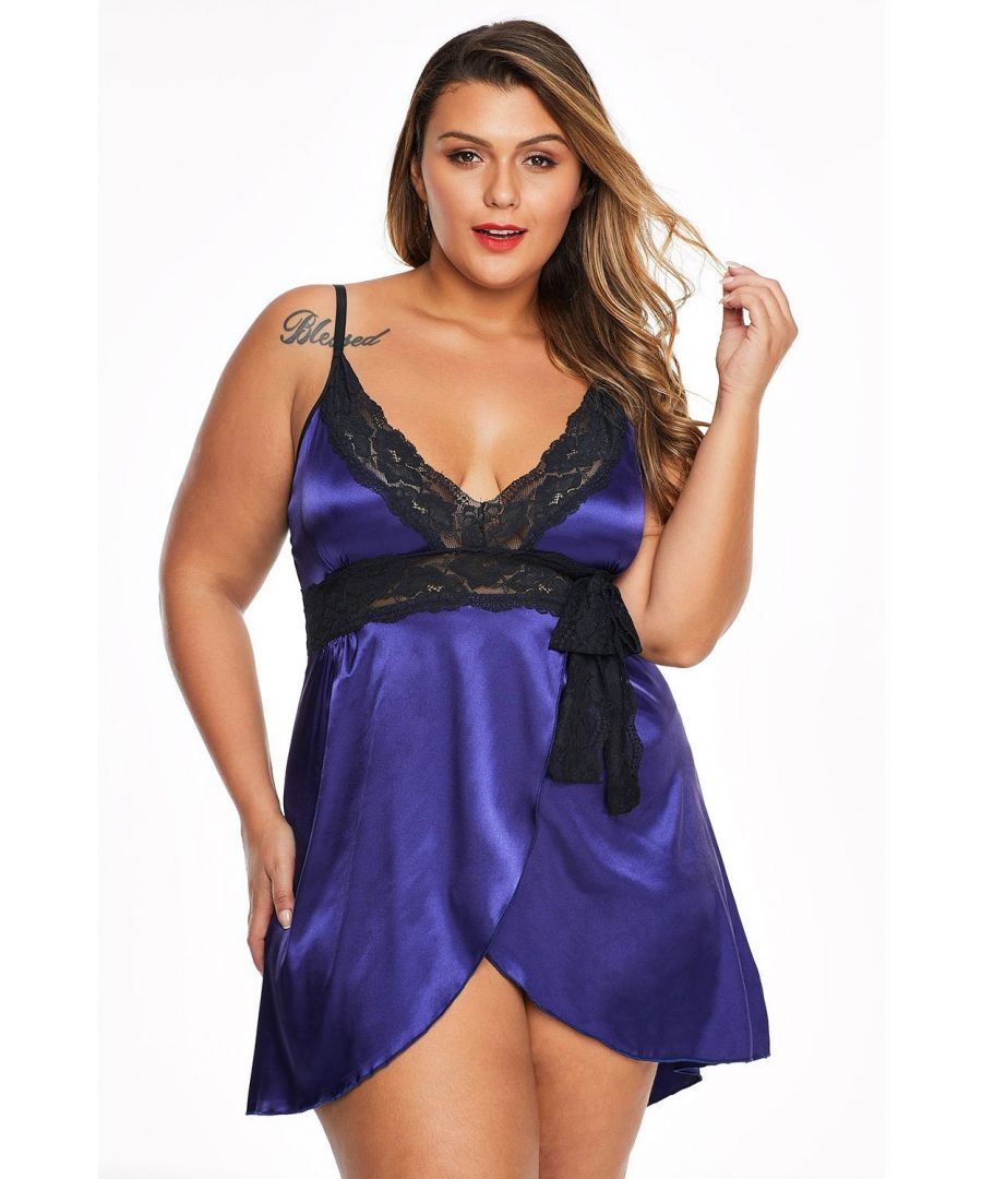 Spaghetti straps, lace v neck and underbust with knot. Wrap skirt with front slit and asymmetric hemline. Hot selling with matching thong included. Different colors and sizes wholesale available. Azura Exchange plus size clothing with stylish styles and attractive prices