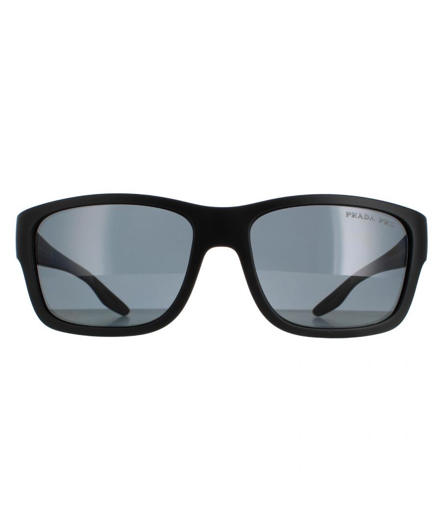 Prada Sport Rectangle Mens Black Rubber Dark Grey Polarized PS01WS  PS01WS are a classic rectangle style crafted from lightweight acetate. The distinctive Prada Linea Rossa red stripe on the arm ensures brand authenticity.