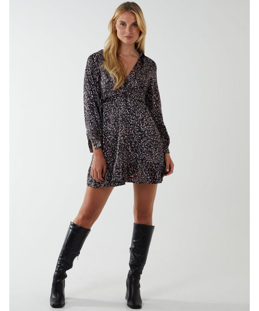 Enjoy a cocktail with friends with this Wrap Bust Mini Shirt Dress. The waist belt will help make this dress perfectly suit your figure, and its abstract print and v neckline will make you stand out from the crowd. Don't forget to match this dress with high knee boots for a killer look! \n100% polyester 