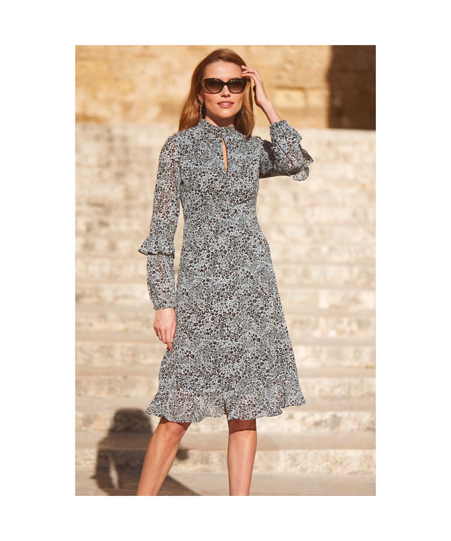 Sosandar Womens Grey Blue Leopard Print Fit & Flare Ruffle Dress - Size 8 UK