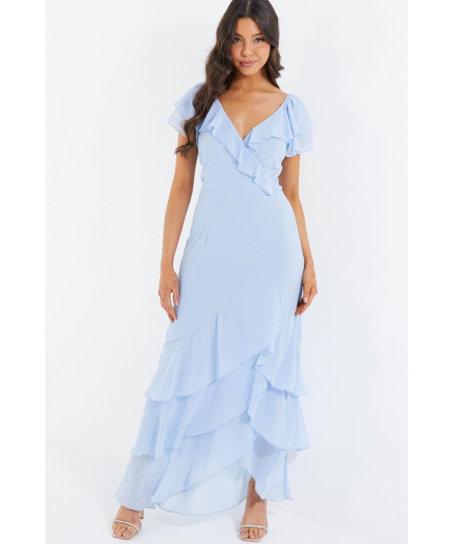 Quiz Womens Light Blue Chiffon Frill Maxi Dress - Size 16 UK