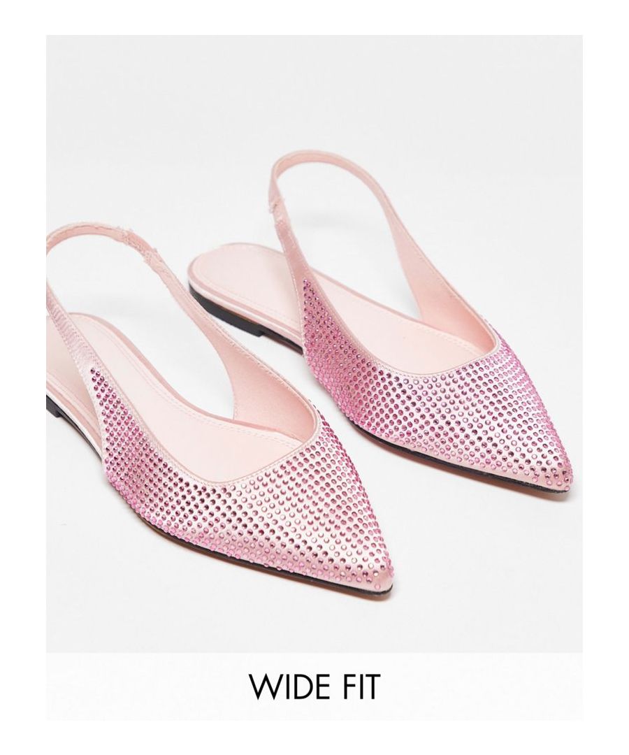Shoes by ASOS DESIGN Dress from the feet up Diamante-embellished design Elasticated slingback strap Pointed toe Flat sole Wide fit  Sold By: Asos