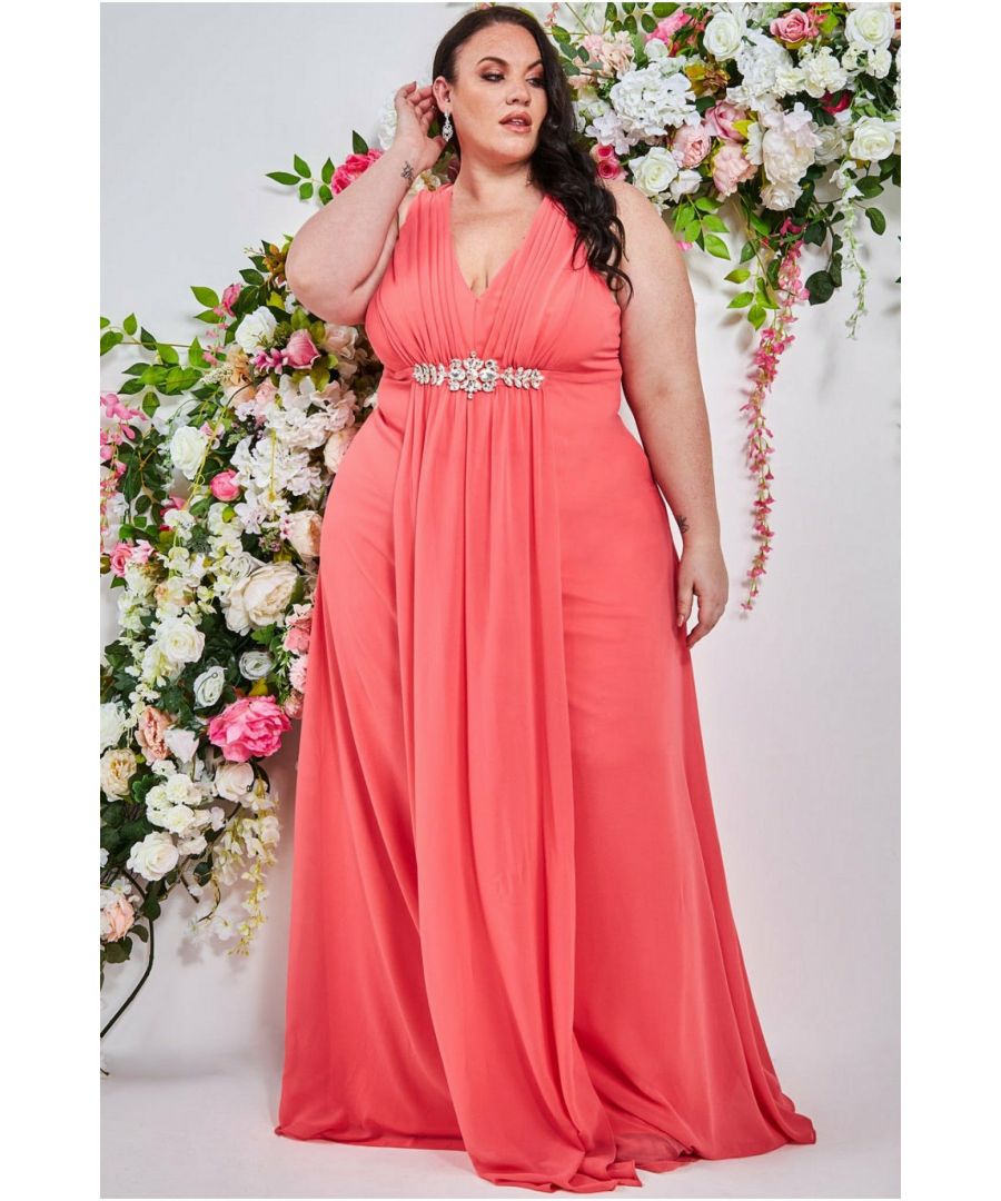 Goddiva Plus V Neck Embellished Chiffon Maxi in Cerise Womens Clothing Dresses Casual and summer maxi dresses Pink 