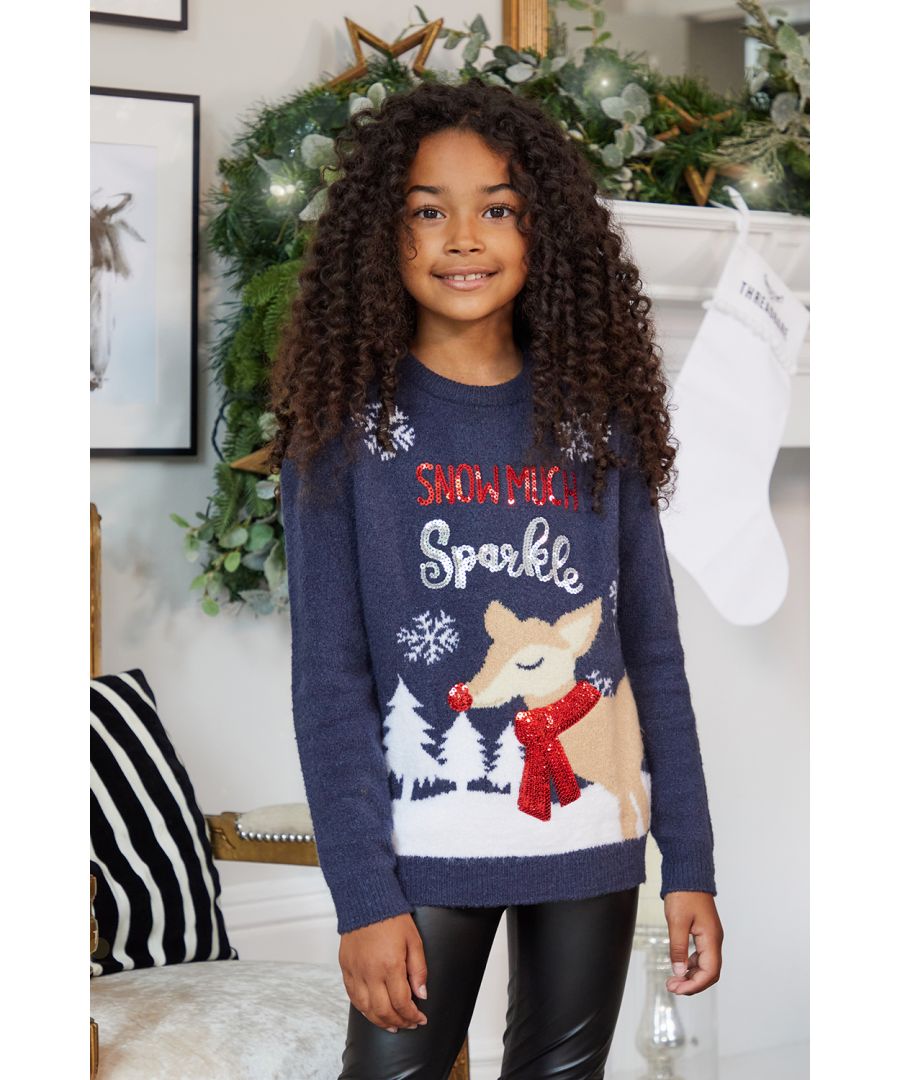 Get ready for Christmas with this cute, festive design jumper from Threadgirls. It features a classic crew neck and ribbed cuffs and hem, made from soft fabric for a comfortable feel and easy care. Matching ladies style is also available.