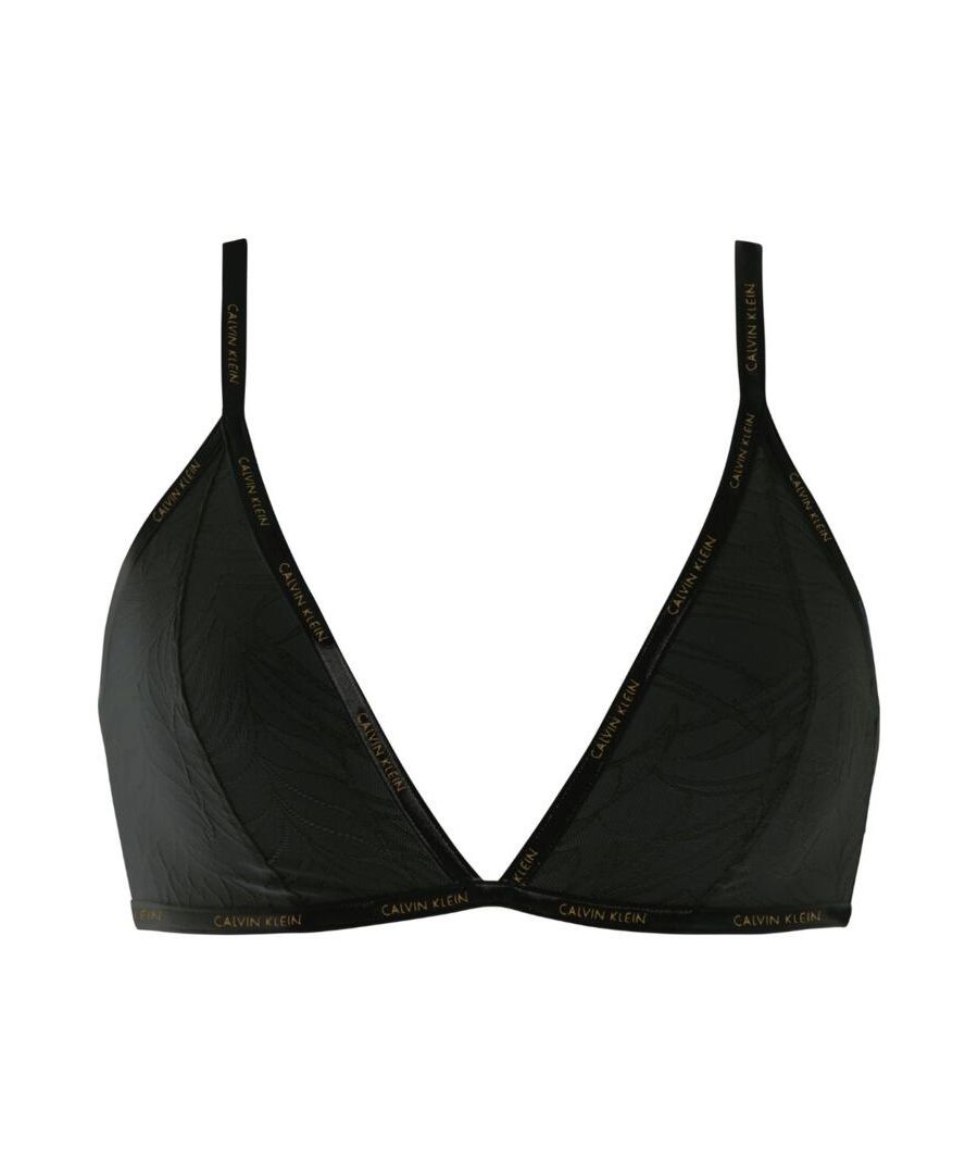 The Sheer Marquisette range at Calvin Klein creates stunning pieces you'll love to wear no matter the occasion. This beautiful triangle bra offers great sensuality through semi-sheer fabrics and a plunging neckline, whilst having a comfortable fit with slim adjustable straps and hook and eye closure. It has no wiring or lining to give your bust a fully natural shape in this delicate style.\n\nStunning and sensual design\nNon-wired\nUnlined\nPlunging neckline\nSemi-sheer cups\nSlim, adjustable straps\nHook and eye closure\nComposition: 77% Polyamide | 23% Elastane\n\nListed in UK sizes