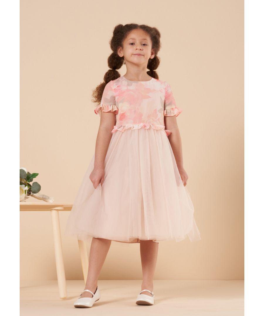 This exquisite occasion dress is every little girls dream. The crepe georgette bodice features a soft whimsical watercolour print and the layers of soft tulle and petticoats bring volume to the sumptuous soft skirt. The perfect choice for a flower girl or bridesmaid or a stunning party outfit.  Model wears 5y  she is 6 years old and 118cm tall.  Colour: Blush  About Me: Top Bodice: 100% Polyester Skirt: 100% Polyamide Mesh: 100% polyester Lining: 100% Polyester  Look after me: Think planet  wash at 30c.