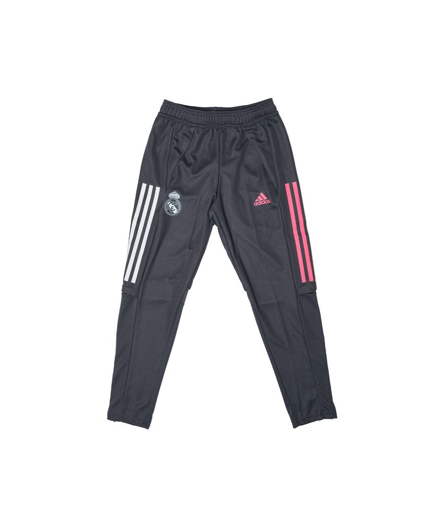 Junior adidas Real Madrid Training Tracksuit Bottoms in grey.- Moisture-absorbing AEROREADY.- Front zip pockets.- Mesh inserts at knees  and ankle zips.- Real Madrid heat-transfer crest.- Slim fit.- Main material: 100% Polyester (Recycled) . Machine washable. - Ref: FQ7879