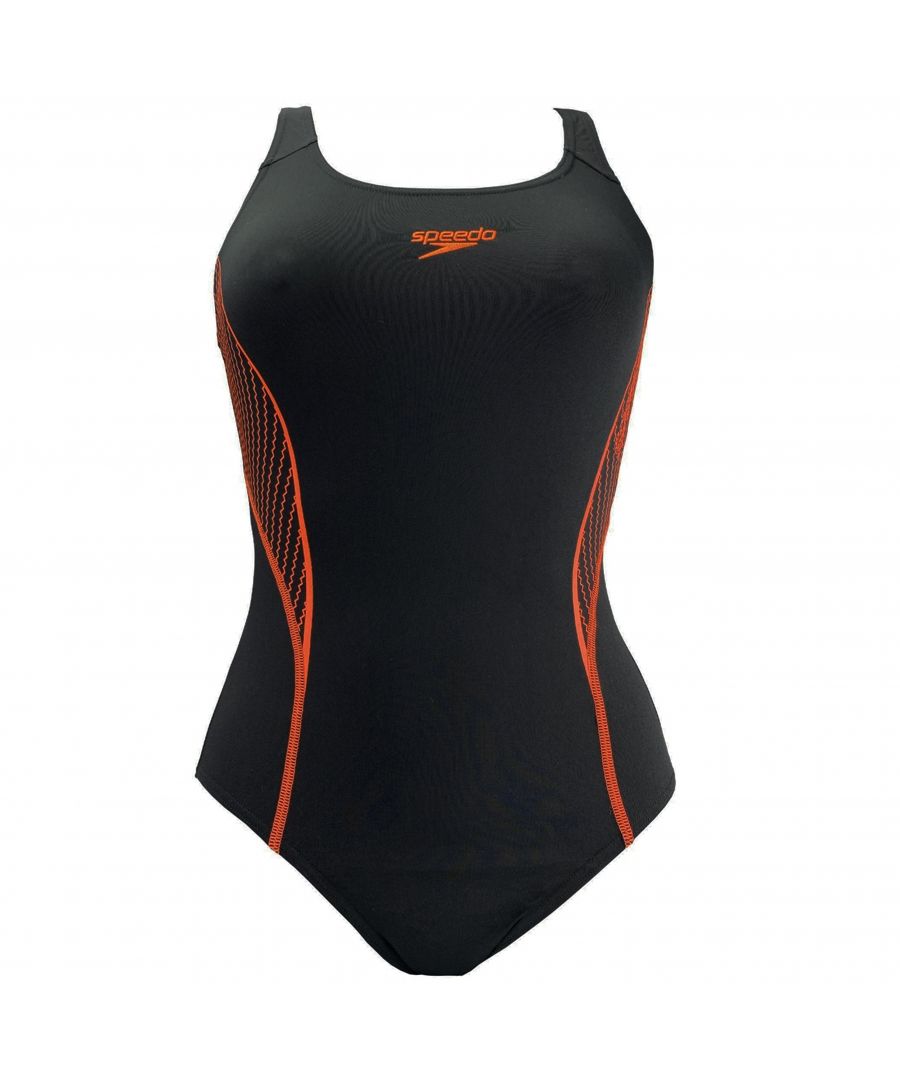 Speedo Placement Womens Black/Orange Swimsuit - Size 10 UK