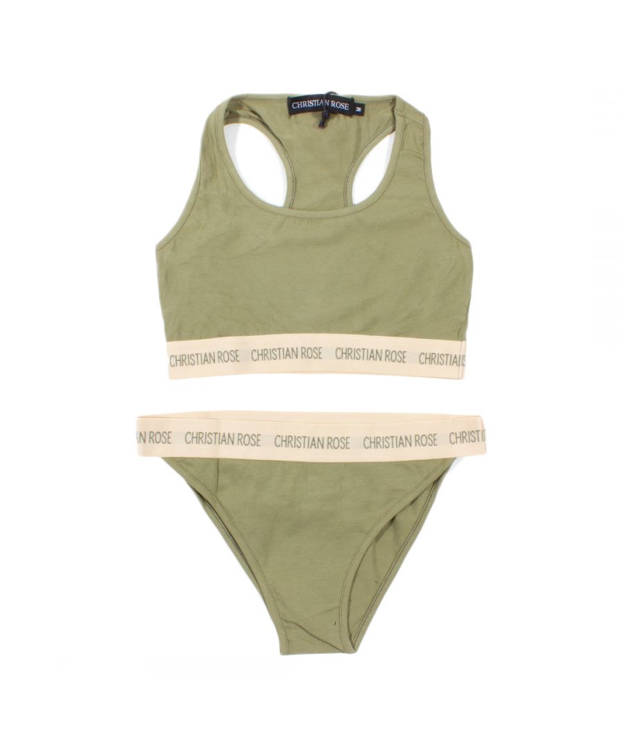 Women's Christian Rose bralette set in a khaki colour, features branding on the elasticated underband.