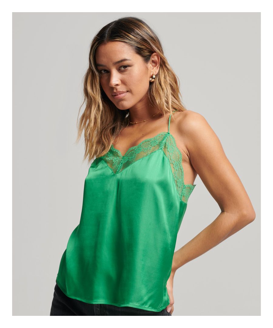 Delicate lace and spaghetti straps add to the feminine air of the Satin Cami top. Crafted in a beautiful satin fabric and designed to flow with your movement, layer this cami to create an outfit as unique as you are.Relaxed fit – the classic Superdry fit. Not too slim, not too loose, just right. Go for your normal sizeDelicate spaghetti strapsFloral pattern lace trimSubtle Superdry branding