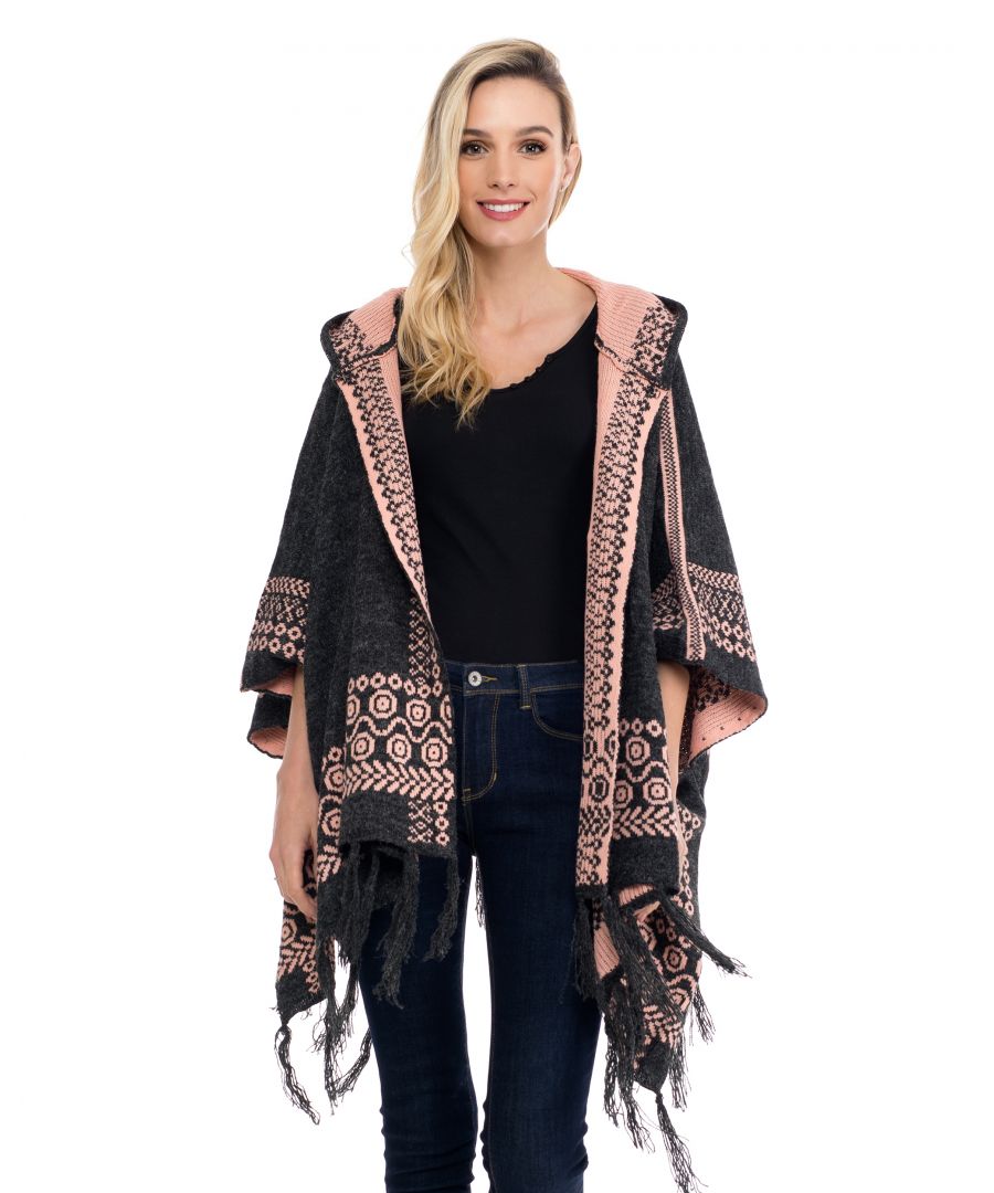 Image for Knitted graphic poncho with hood and tassels