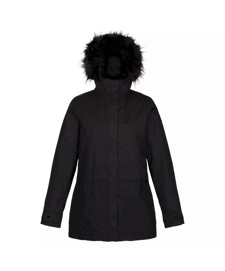 Material: 100% Polyester. Fabric: Hydrafort. Lining: Taffeta. Design: Badge. Fabric Technology: DWR Finish, Insulating, Quick Dry, Thermo-Guard, Waterproof, Windproof. Taped Seams. Cuff: Adjustable, Snap Fastening. Neckline: Hooded. Sleeve-Type: Long-Sleeved. Hood Features: Adjustable, Faux Fur Trim, Grown On Hood. Pockets: 2 Side Pockets, Zip, 1 Chest Pocket, Inner. Fastening: Zip.