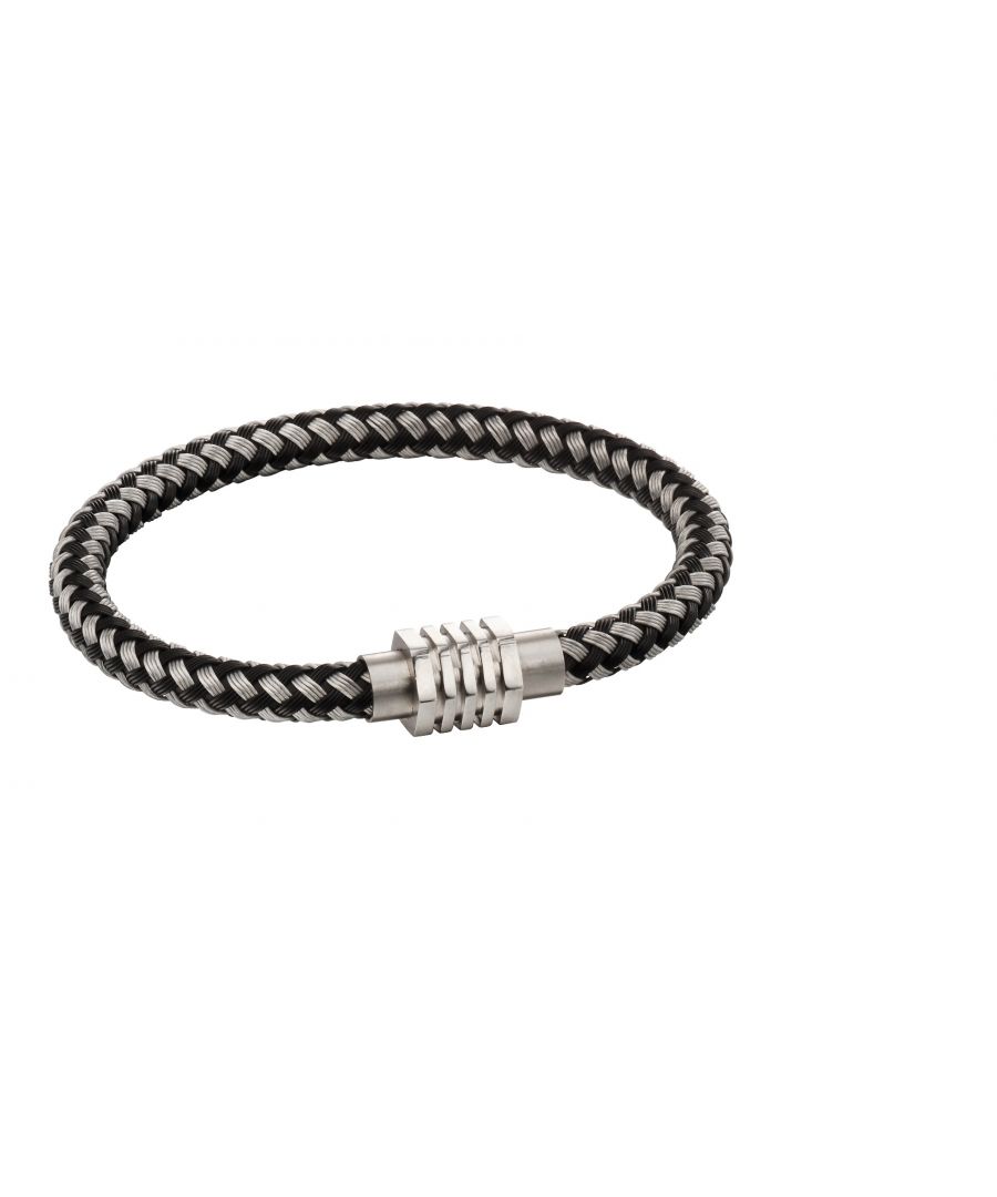 Metal tube woven bracelet with hexagon claspDesign: Perfect for every day wear, this stainless steel Fred Bennett bracelet would make a great addition to any outfit. Featuring an intricate woven steel design in two shades of grey, this men's bracelet is modern and easy to wear. An ideal gift for many occasions such as a birthday, Christmas, Father's Day and Valentine's Day.Composition: This bracelet is made of stainless steel in steel and gunmetal colours with a modern mix of polished and matte finishes.Dimensions: width of band 6mm, item weight 14.3g, laser engraved Fred Bennett FB logo.Fitting: 21cm in length. Features a secure magnetic clasp fastening which also makes putting on the bracelet very simple.Packaging: This bracelet comes provided with a luxury branded suede pouch which is ideal for gifting and a great place to store the item.