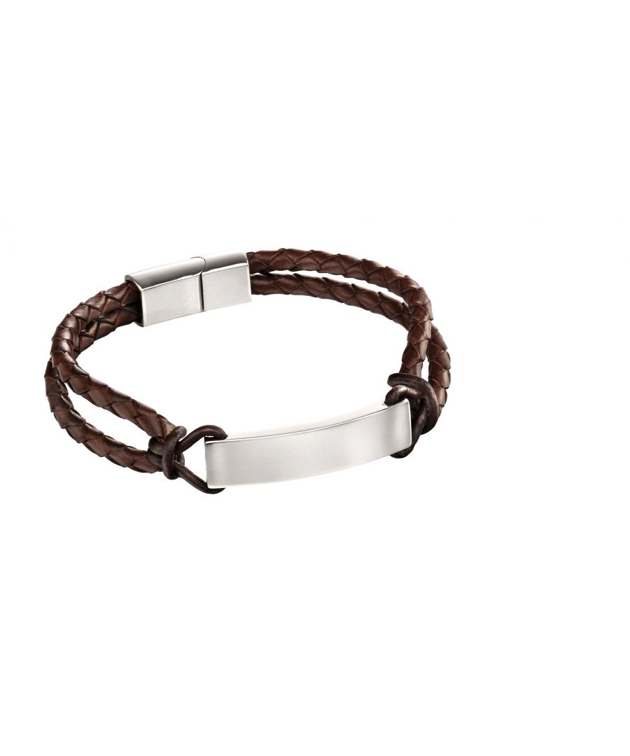 Brown leather with stainless steel ID bar design braceletBrown leather with stainless steel ID bar design bracelet21cm lengthSlide in metal fasteningSolid bracelet weighing over 20gComes Complete with Branded Packaging