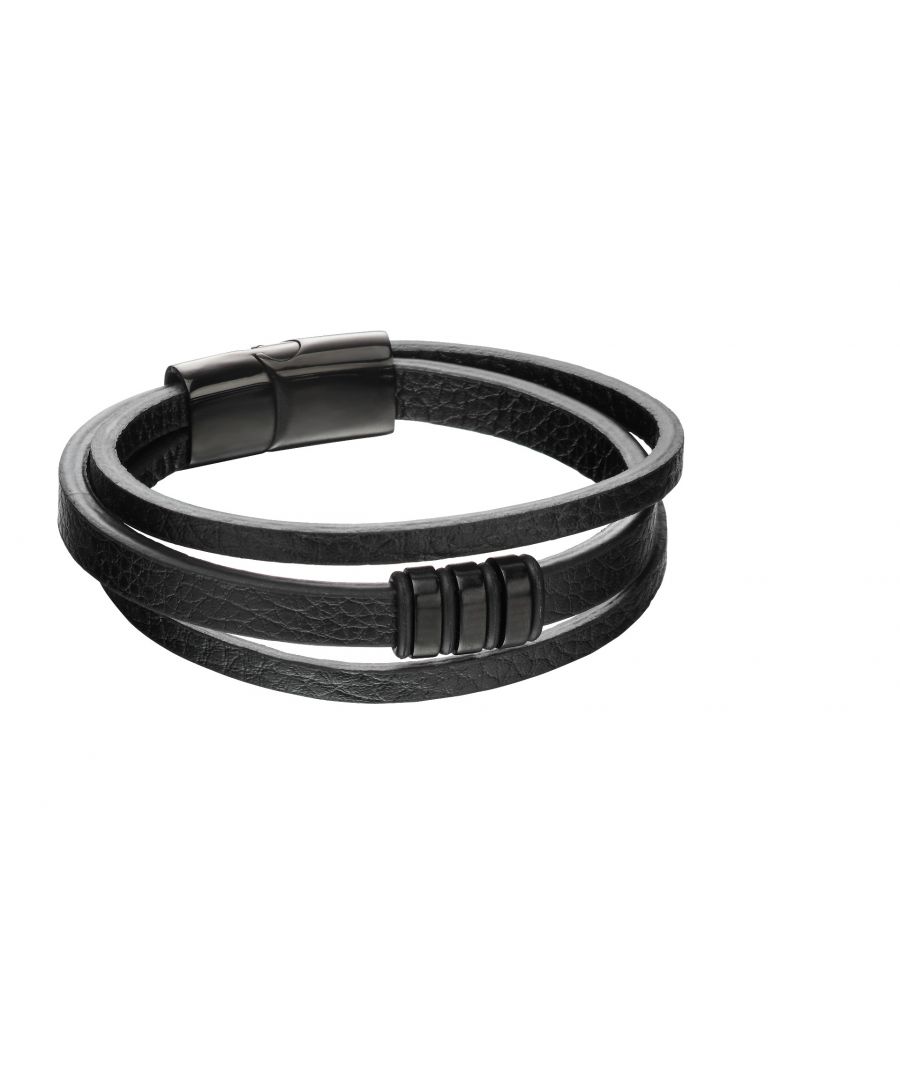 Image for fredbennett fb Mens Three Strand Black Leather & Magnetic Slide Clasp Bracelet Length 21.5cm