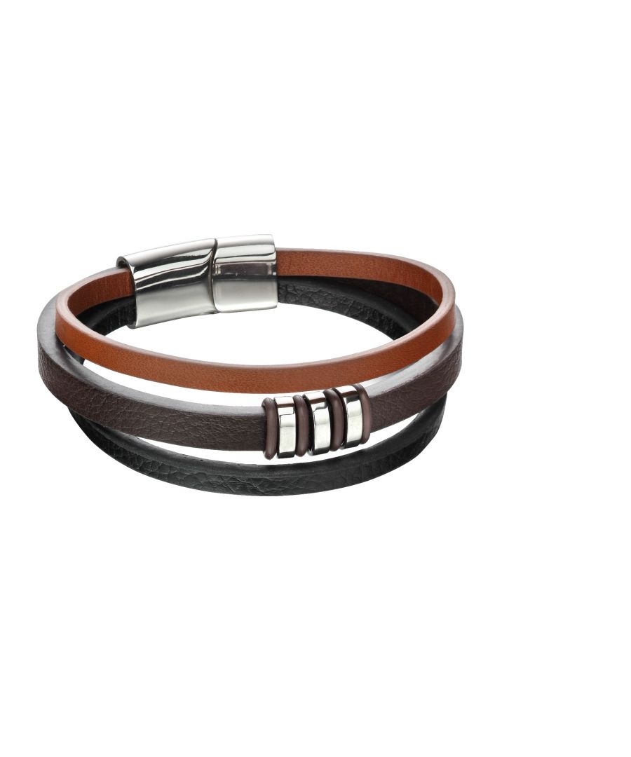 fredbennett fb Mens Three Strand Tonal Brown Leather & Magnetic Slide Clasp Bracelet Length 21.5cmDesign: Update your look this season with this high quality leather and stainless steel three strand bracelet by Fred Bennett. Featuring a modern mixture of tonal brown leather and IP plating, this bracelet could be a smart addition to any outfit and would make a lovely gift for someone special.Composition: Made from stainless steel with a modern polished finish and real leather.Dimensions: Width 14.1mm, Depth 8.1mm, Item weight 22.7gFitting: This bracelet is 21.5cm in length and fastens with a secure magnetic slide clasp.Packaging: Comes complete with a branded presentation suede gift pouch - perfect for storing the item and ideal for gifting.