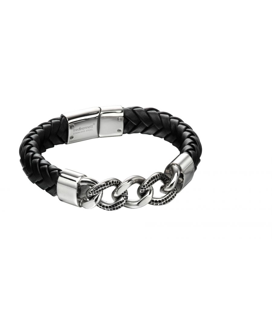 Image for fredbennett fb Mens Stainless Steel Embossed Chunky Chain Link & Woven Black Leather Magnetic Clasp Bracelet Length 21.5cm