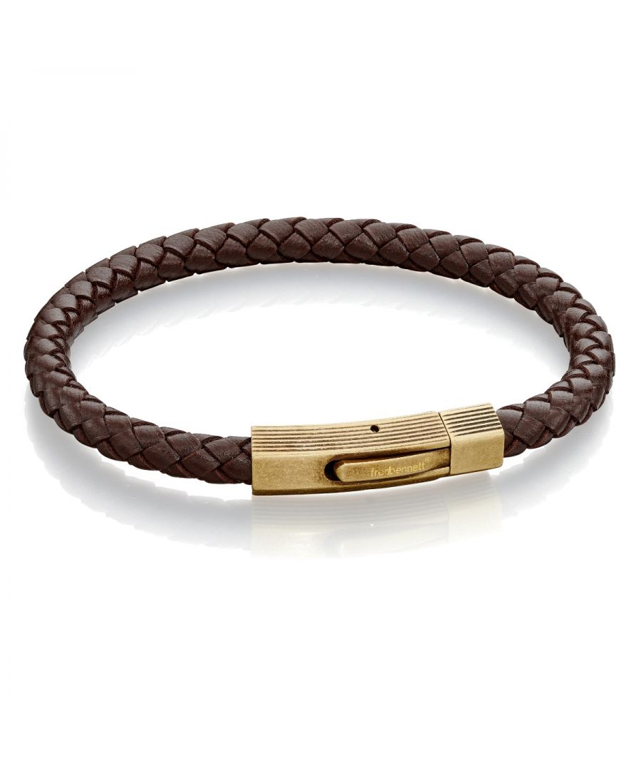 Fred Bennett Mens Woven Brown Leather & Bronze Stainless Steel Clip Clasp Bracelet of Length 21cmDesign: This classic bracelet design is made of soft brown leather which is comfortable to wear and features a brushed finish clasp. Ideal for every day wear, this bracelet is a great accessory for any outfit and makes a lovely gift for many occasions.Composition: Made of genuine leather and stainless steel with a bronze antique look IP plating and brushed finish.Dimensions: height 9mm, width 31mm, depth 5.5mm, item weight 13g, metal weight 10gFitting: This bracelet is 21cm in length and fastens with a secure clip clasp.Packaging: Comes complete with a branded presentation suede gift pouch - perfect for storing the item and ideal for gifting.