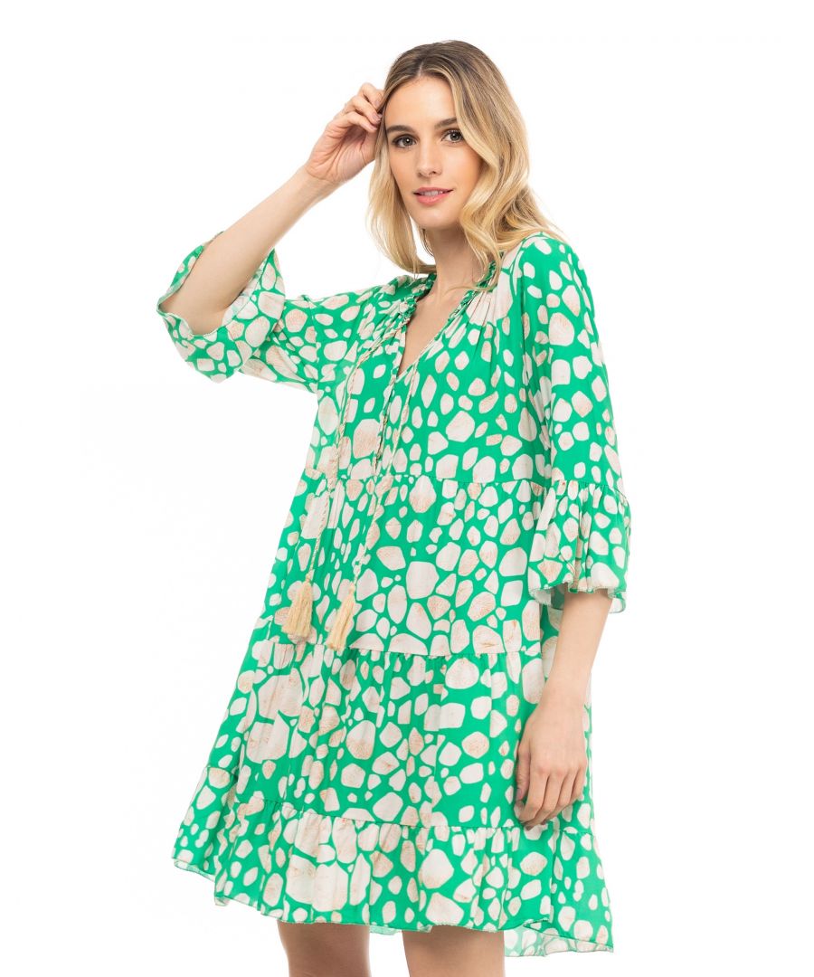 Oversize printed dress with 3/4 sleeves, lace and tassels