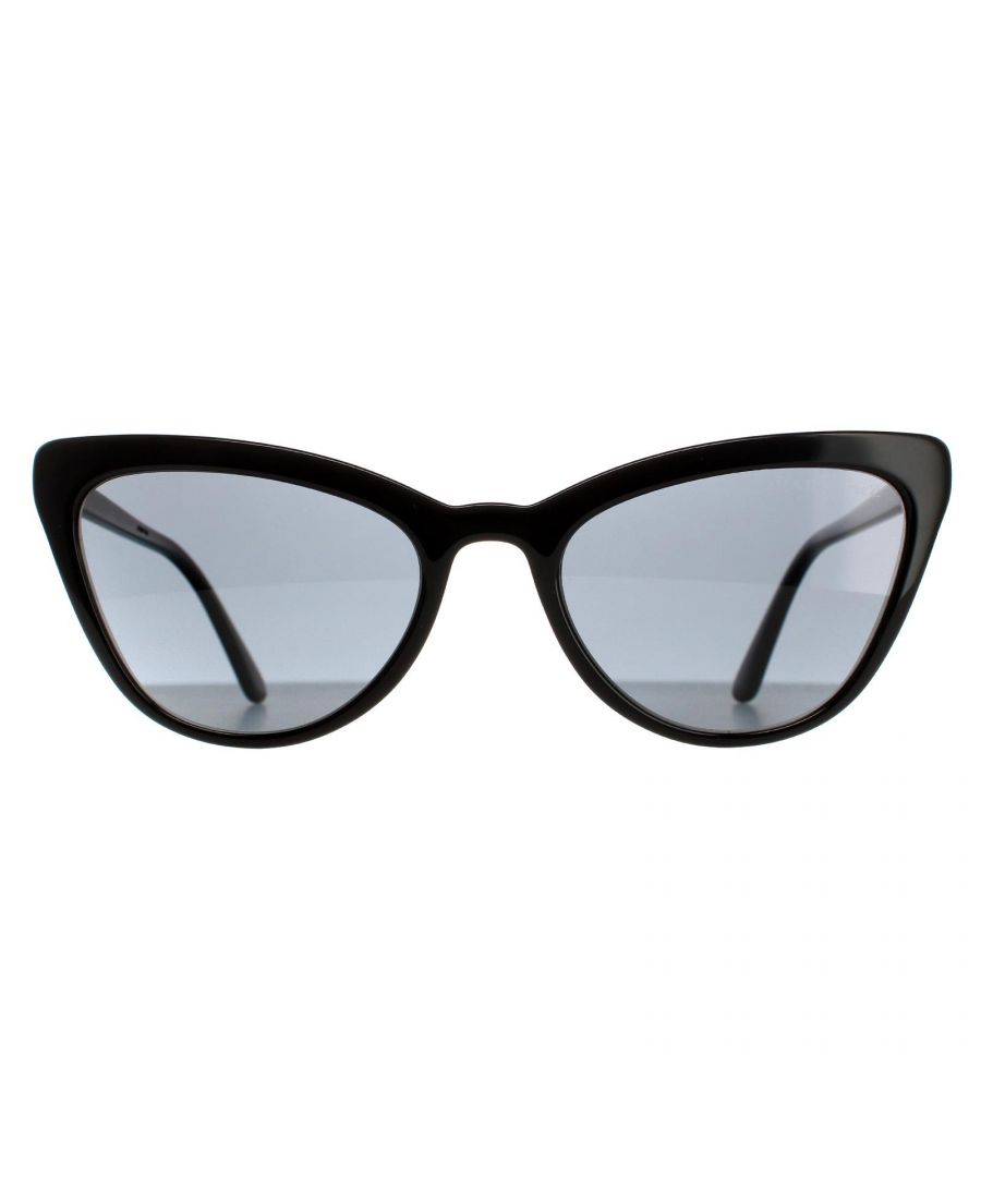 Prada Cat Eye Womens Black Grey Polarized PR01VS Sunglasses Prada are catwalk inspired sunglasses with an exaggerated cat eye style. The acetate frame features the Prada logo on the slender temples.