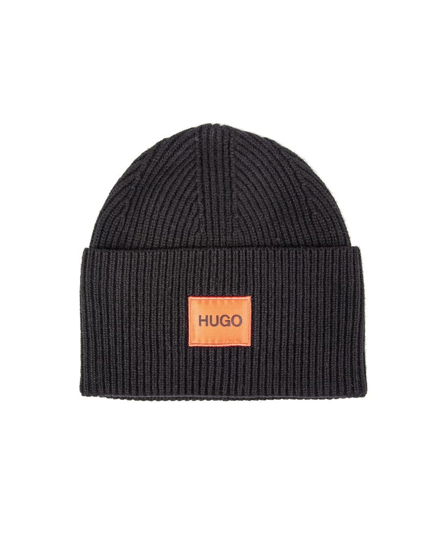 Mens black Hugo logo beanie, manufactured with cotton. Featuring: woven branding, soft touch, turn cuff and one size.