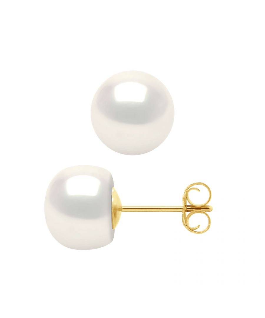 Earrings of Gold 375 and true Cultured Freshwater Pearls Button 8-9 mm , 0,31 in - Natural White Color Push System - Our jewellery is made in France and will be delivered in a gift box accompanied by a Certificate of Authenticity and International Warranty