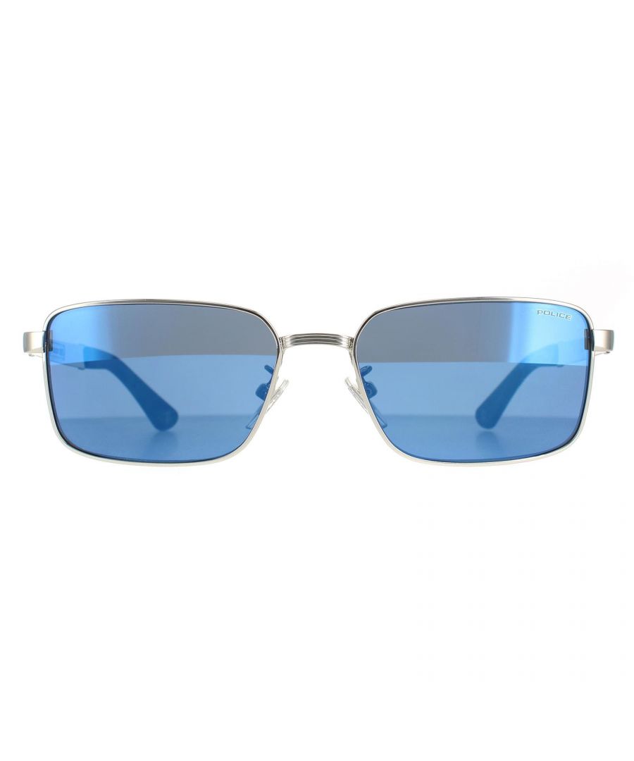 Police Rectangle Unisex Silver Smoke Blue Mirror SPLA54M Origins 28  Police are a rectangle shape with a lightweight metal frame. Adjustable nose pads and temples tipped with plastic allow for a personalised fit. The slim temples feature the brand's logo for brand authenticity