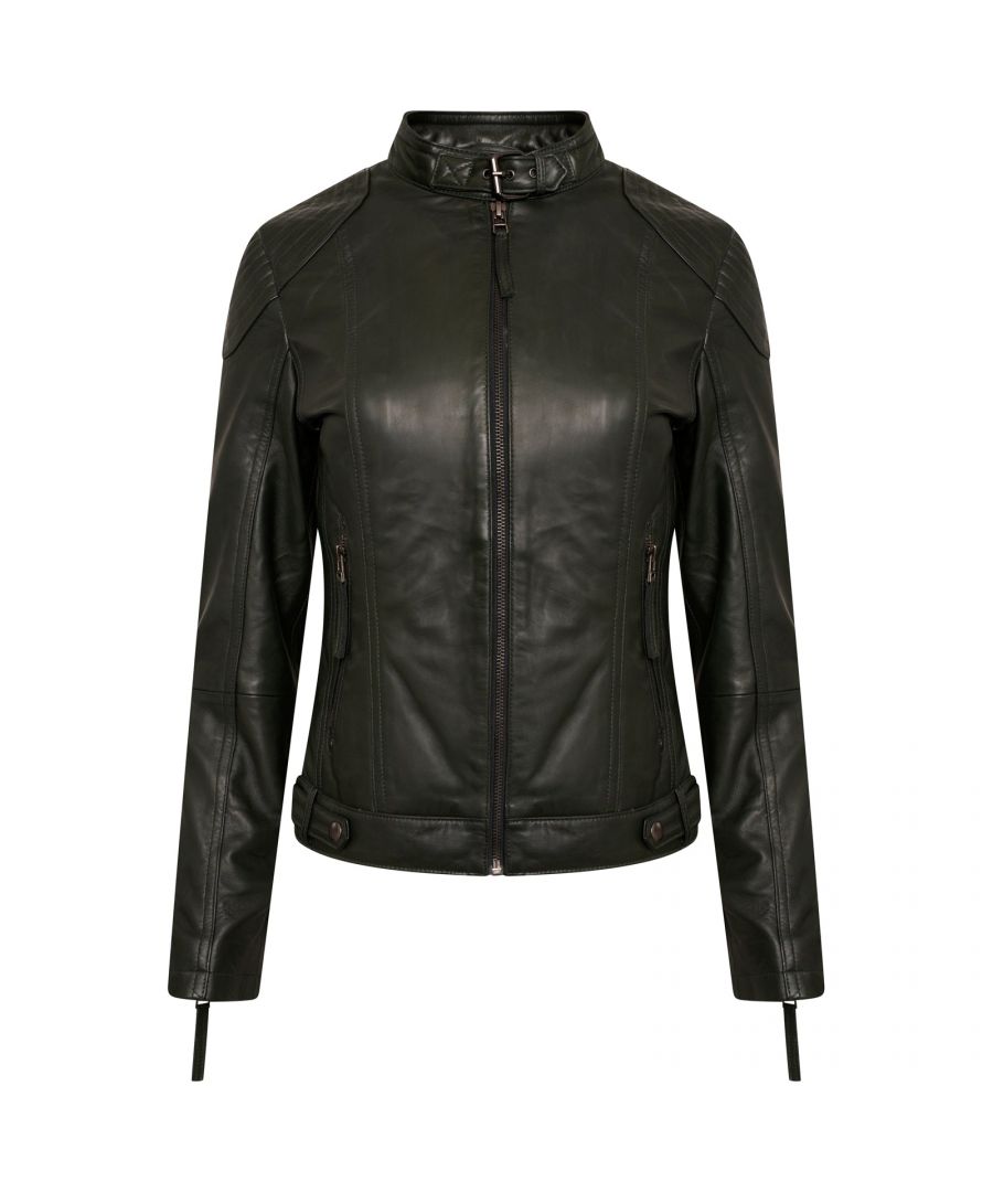 Elle Ladies Leather Biker Jacket. Collar with buckle. 2 Front pockets with zips. Long sleeves with zipped cuffs. No inside pocket. Shell 100% Leather. Lining 100% Polyester. Dry clean only.