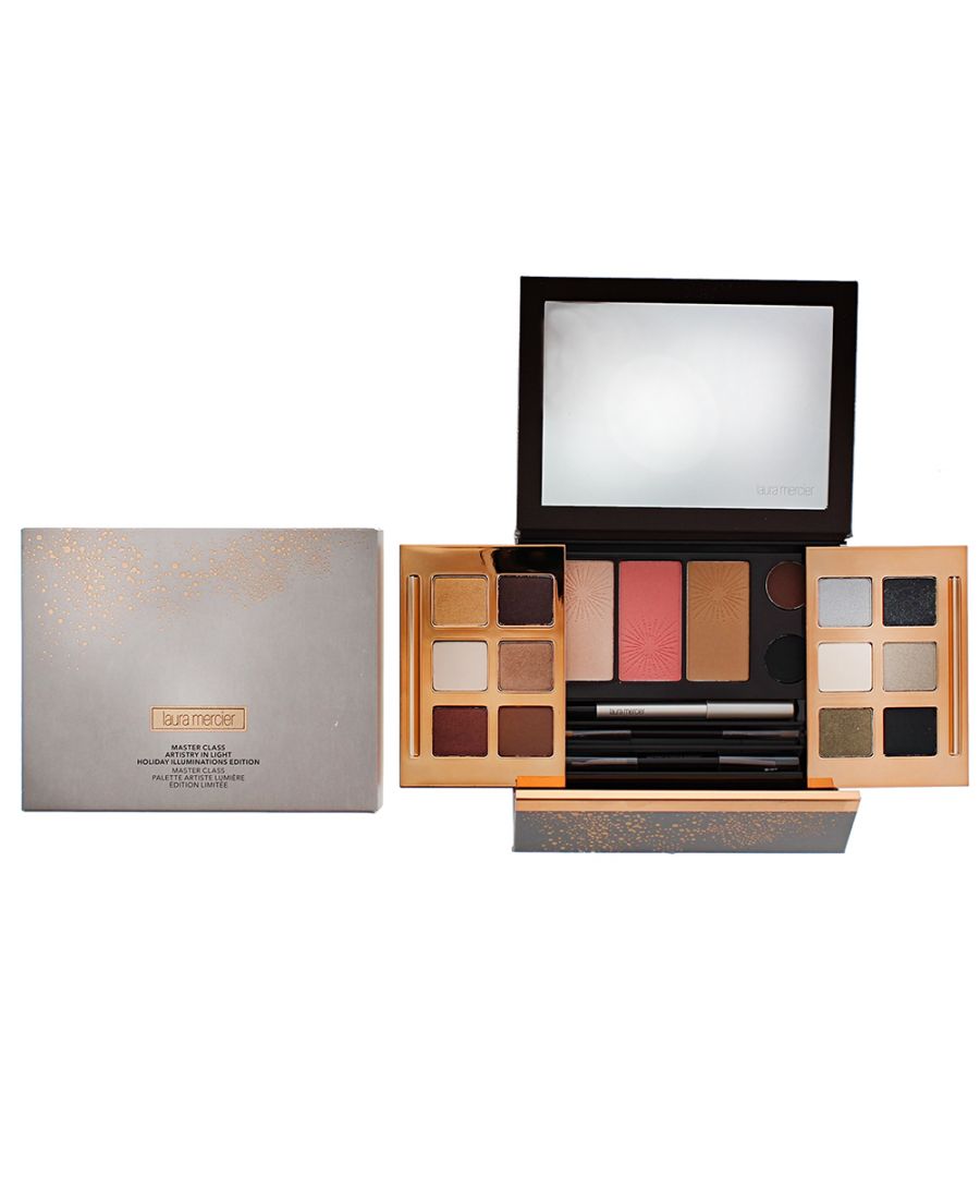 Elevate your eye looks to a professional level with this Laura Mercier Master Class palette. The Palette opens up into 4 compartments with two palettes folding out either side of the main and a large mirror folding out at the top to ensure you can complete your desired looks no matter where you are. It features twelve eye colours, three cheek colours, one eyeliner, one cream eye pencil and two applicator brushes. The twelve eye shades include: Molten, Minx, Boudoir, Silven Star, Black Ice, Carbon, Galaxy, Rouge Bronze, Vanilla Nuts, Truffle, Noir, Vanilla. The three blush shades include: Lush Nectarine, Solar Pink, Bronze Luster.