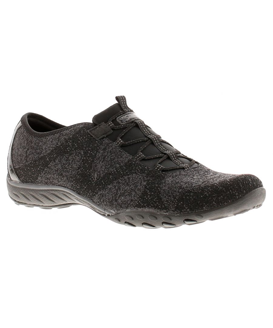 Skechers Breathe Easy Opportuknity Bungee-Laced Womens Trainers Black. Fabric Upper. Manmade Lining. Synthetic Sole. Ladies Womens Skechers Breathe Easy Opportunity Knit Casual Trainers.