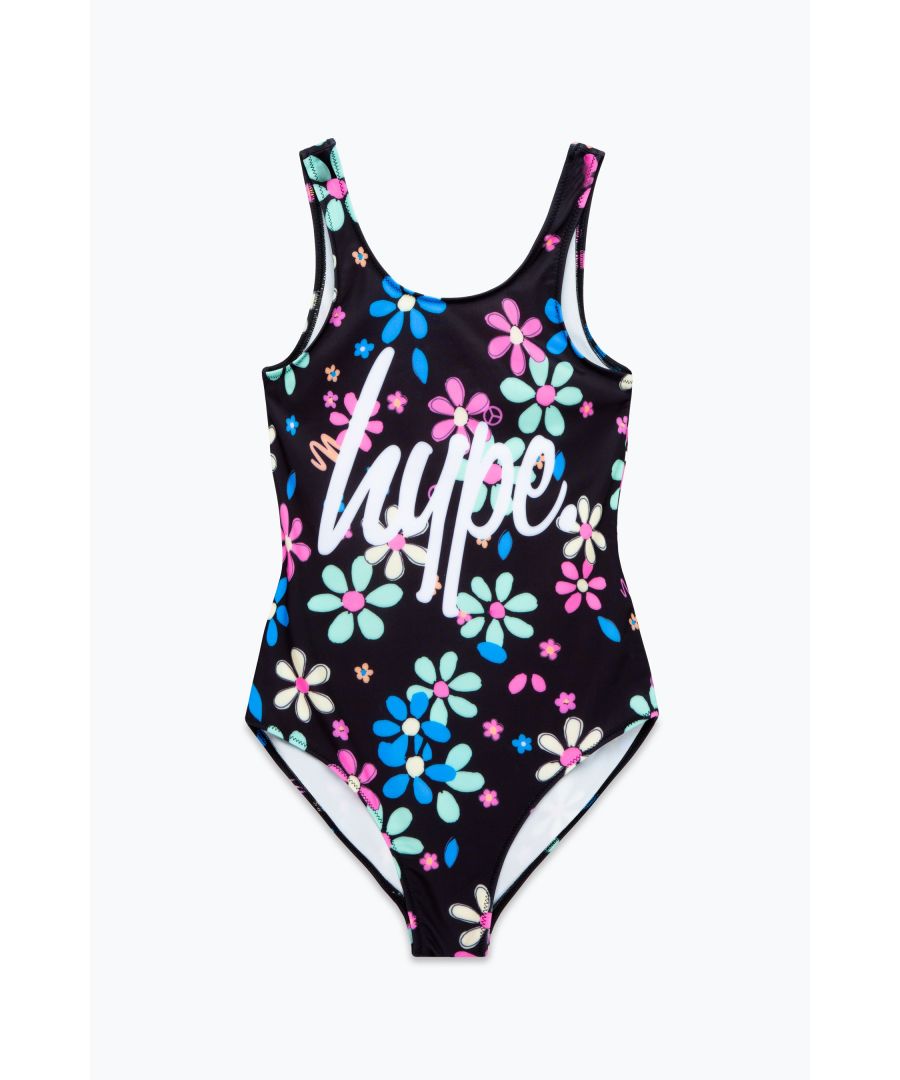 Swim is in. Meet the HYPE. Girls Black Scribble Flower Script Swimsuit, the ultimate girls swimsuit you'll want to wear everyday of summer, autumn, winter and spring. Designed in our standard black kids swimsuit shape, boasting an all over flower print in a multi colour palette and the iconic HYPE. script logo in contrasting white. Wear with HYPE. sliders, swimming goggles and a beach towel in hand. Machine wash at 30 degrees.