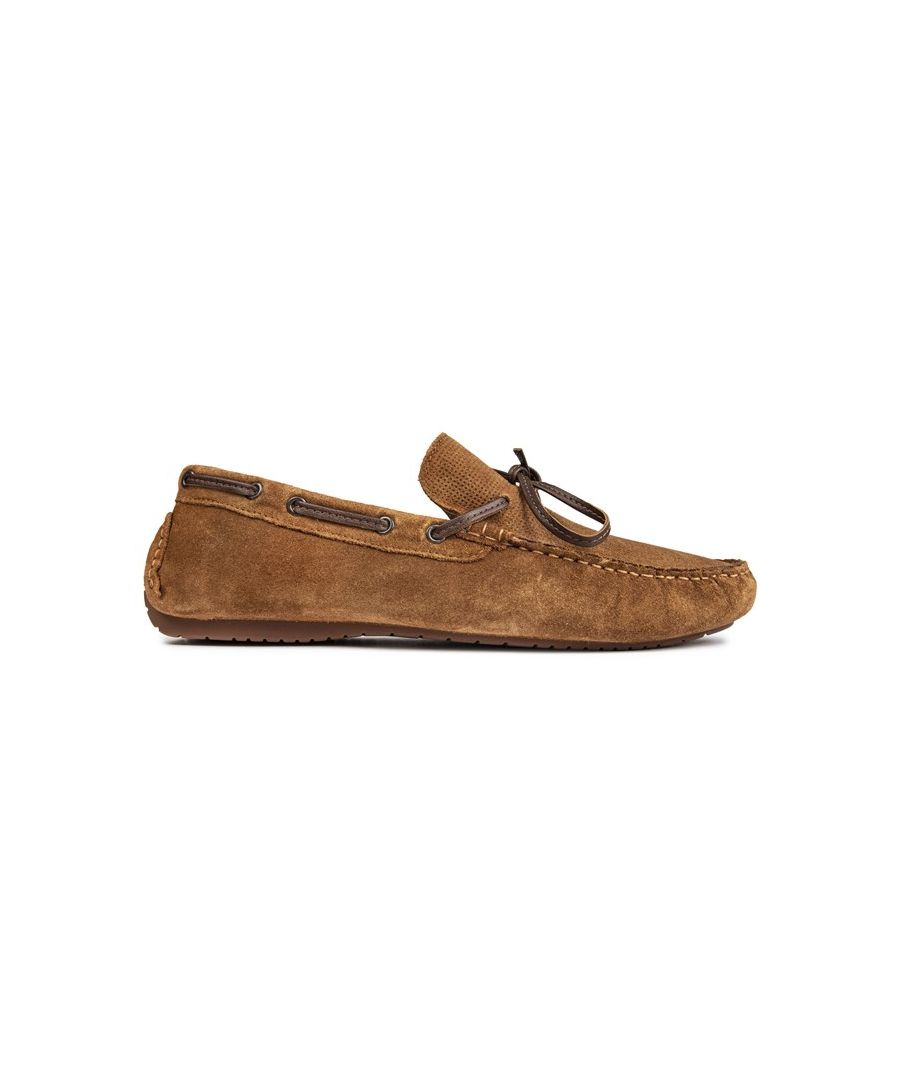 Mens tan Red Tape maddox shoes, manufactured with suede and a synthetic sole. Featuring: printed insole, driving moc sole, cushioned innersole, leather lace and perforated vamp.