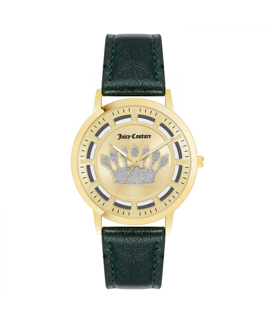 Juicy Couture Watch JC/1344GPGN\nGender: Women\nMain color: Gold\nClockwork: Quartz: Battery\nDisplay format: Analog\nWater resistance: 0 ATM\nClosure: Pin Buckle\nFunctions: No Extra Function\nCase color: Gold\nCase material: Metal\nCase width: 36\nCase length: 36\nFacing: None\nWristband color: Green\nWristband material: Leatherette\nStrap connecting width: 18\nWrist circumference (max.): 20.5\nShipment includes: Watch box\nStyle: Fashion\nCase height: 9\nGlass: Mineral Glass\nDisplay color: Gold\nPower reserve: No automatic\nbezel: none\nWatches Extra: None