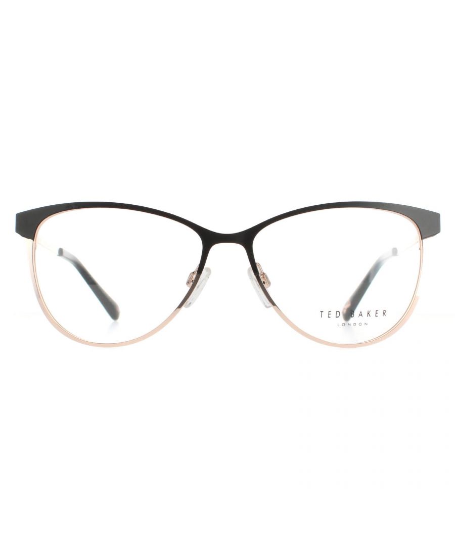 Ted Baker Cat Eye Womens Black and Rose Gold TB2255 Aure  Glasses are a modern cat eye style crafted from lightweight metal. The plastic temple tips and adjustable nose pads ensure a comfortable all round fit. Ted Baker's logo features on the slender temples for authenticity.