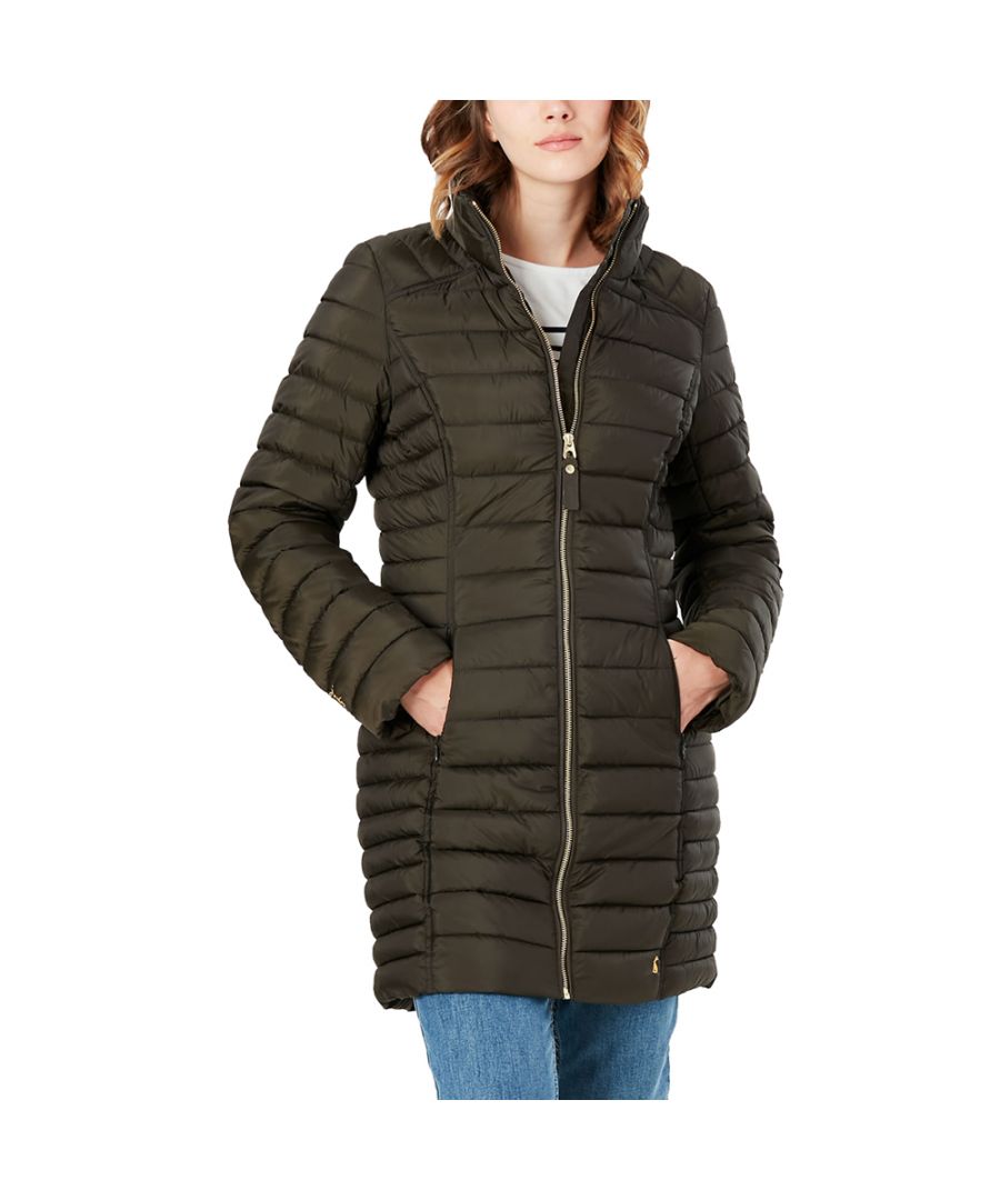Luxe puffer with funnel neck. Filled with recycled wadding. Flattering fit. Straight baffels with seams contoured to the body. Gross grain interest trims. Concealed pockets. Pearlized fabric. Metal Joules branding tab at hem. High shine trims. Joules branded rivets.