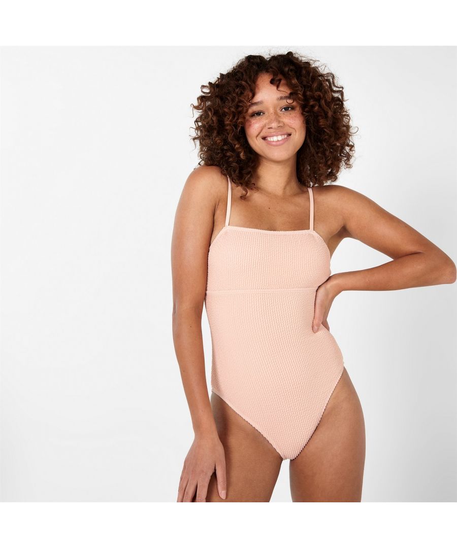 Make the most out of the sun this year with this swimsuit from SoulCal. With a crinkle design, pastel colourway, and confidence inspiring fit, you'll want to stay outside and relax in the pool or on the beach all day long.  Materials: -   >88% Polyester, 12% Elastane